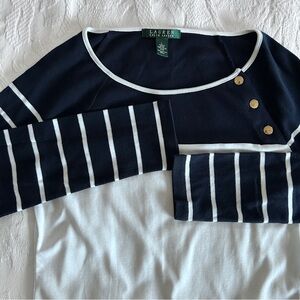 Lauren Ralph Lauren Women's LRG Top Nautical Navy Blue White striped Gold Button